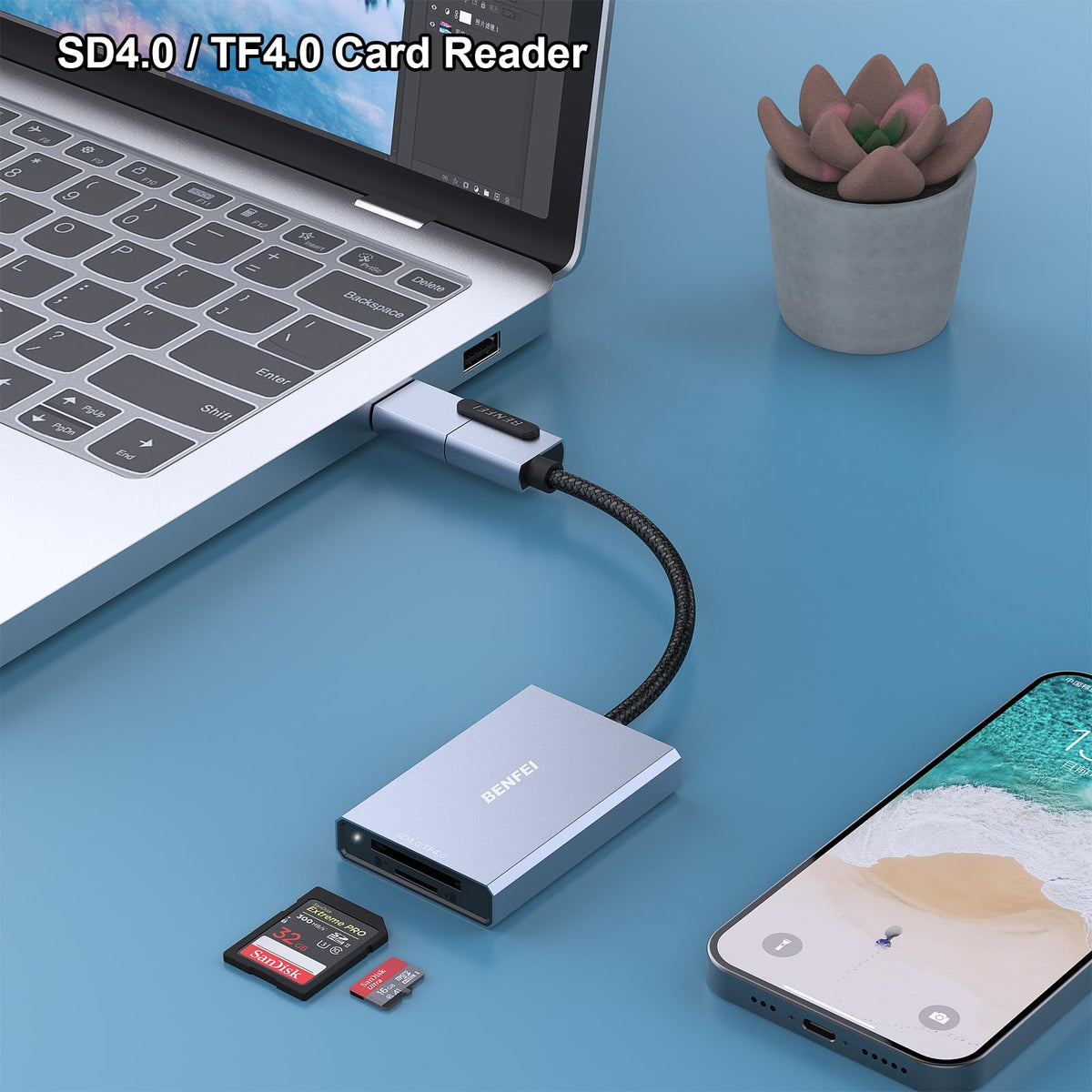 BENFEI SD Card Reader, USB C to SD Micro SD Card Memory Card Adapter Dual Slot Compatible with iPhone 15 Pro/Max, MacBook Pro/Air 2023, iPad Pro, iMac, S23, XPS 17, Surface Book 3 and More