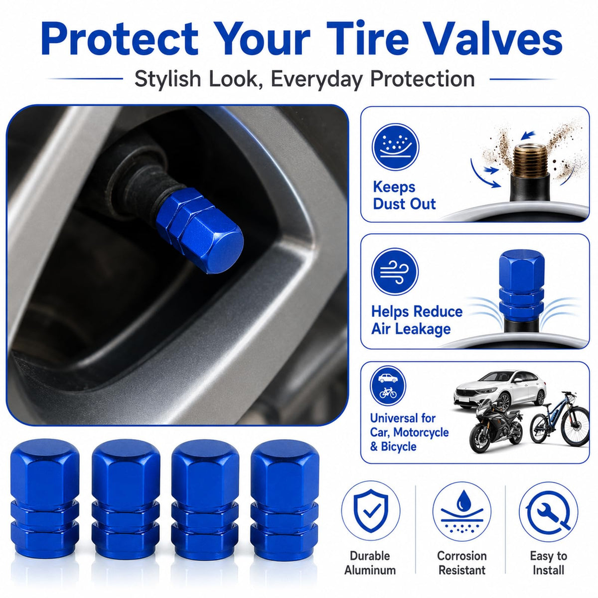 Aluminum Tire Valve Caps,8 Pcs Dustproof Stem Covers
