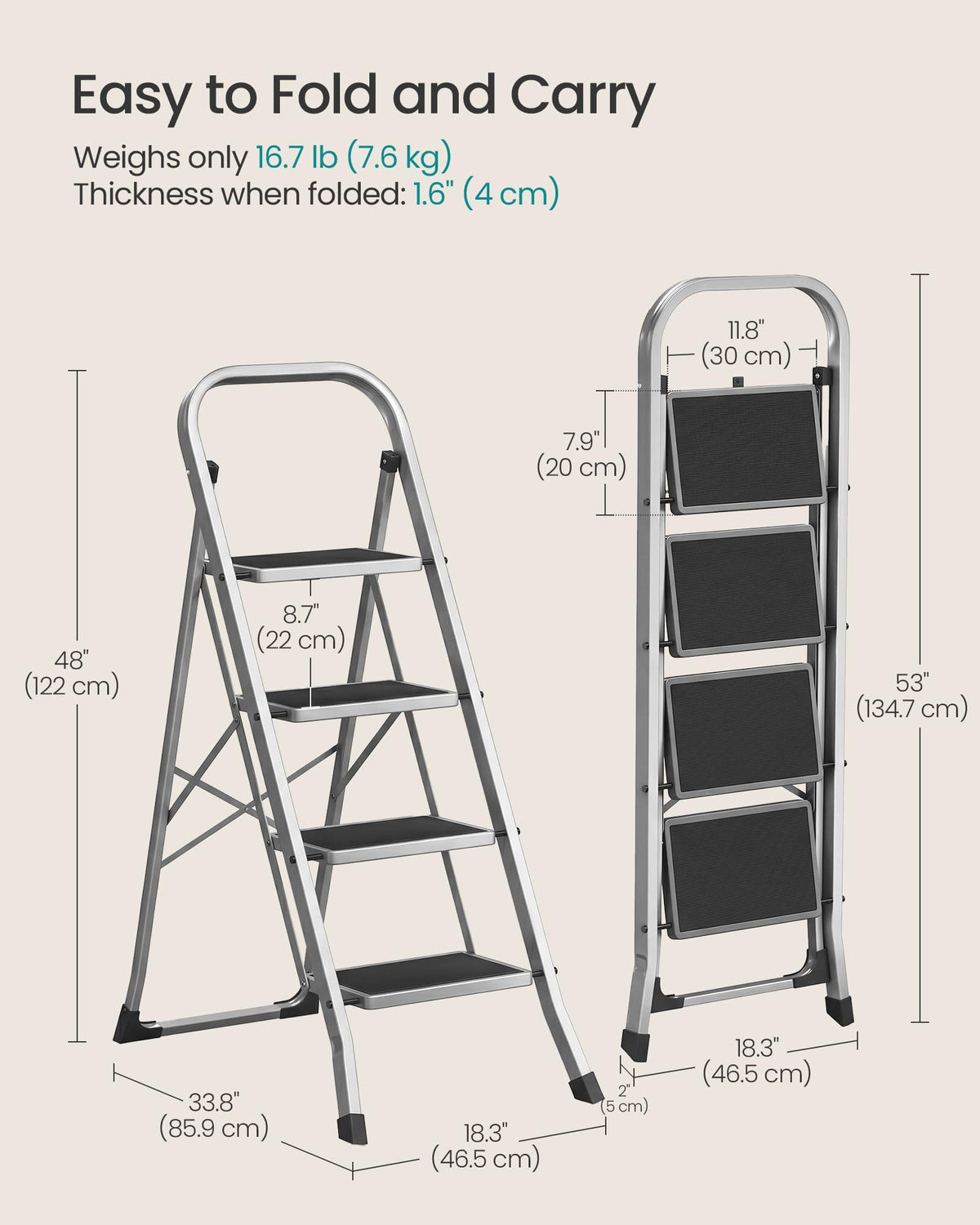 SONGMICS 3-Step Ladder, Folding Step Ladder, Safety, Holds up to 150KG