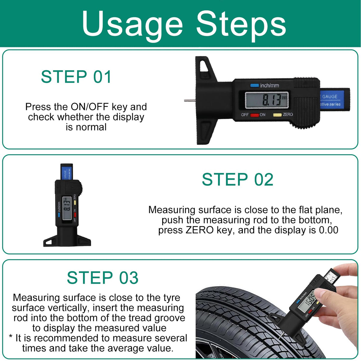 Digital Tire Tread Depth Meter, 0-25.4mm / 1Inch Tyre Guage-black