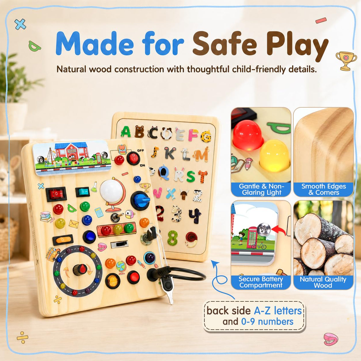 Busy Board with LED Light Switches, Montessori Toys for 1 2 3 Years Old, Toddlers Wooden Toy Sensory Activity Board, Travel Toys for 1+ Year Old Boy & Girl Birthday Gift