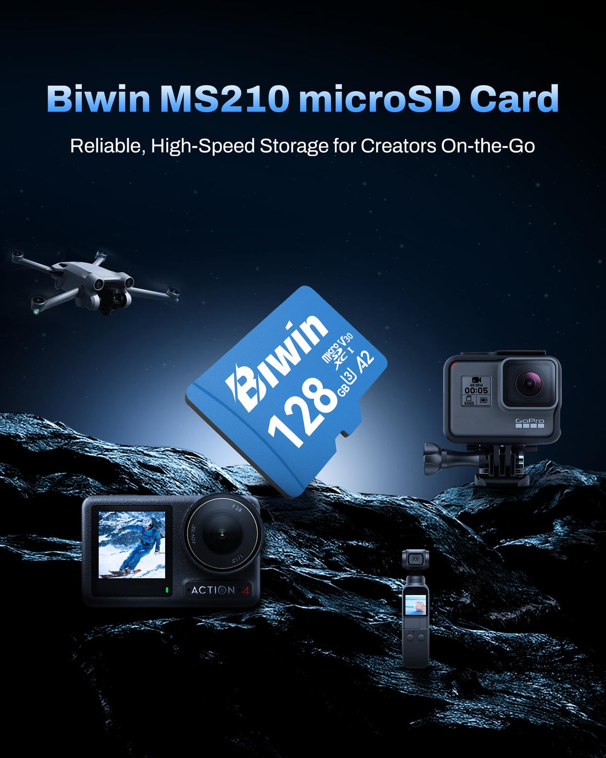 Biwin MS210 Micro SDXC SD Memory Card 512GB, Up to 210 MB/s, UHS-I V30 4K UHD A2 U3 SD Card for Digital Camera, Smartphones, Action Cams, Drones