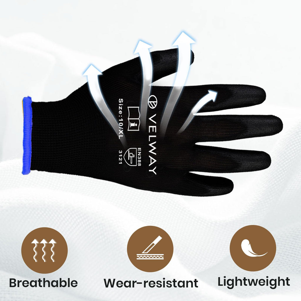 Velway 12 Pairs Work Gloves PU Coated for Men Women, Red, Size 9/L