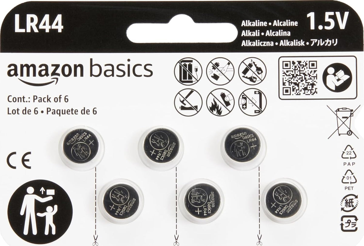 Amazon Basics 6-Pack LR44 Alkaline Button Coin Cell Battery, 1.5 Volt, Long Lasting Power, Mercury-Free,packaging may vary