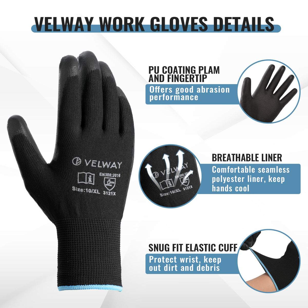 Velway 12 Pairs Work Gloves PU Coated for Men Women, Red, Size 9/L