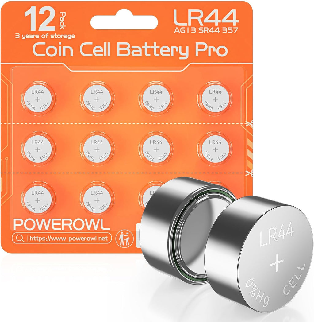 POWEROWL 12-Pack LR44 SR44 L1154 1.5V Alkaline Button Cell Batteries Watches, Key Fobs, Toys & Small Electronics
