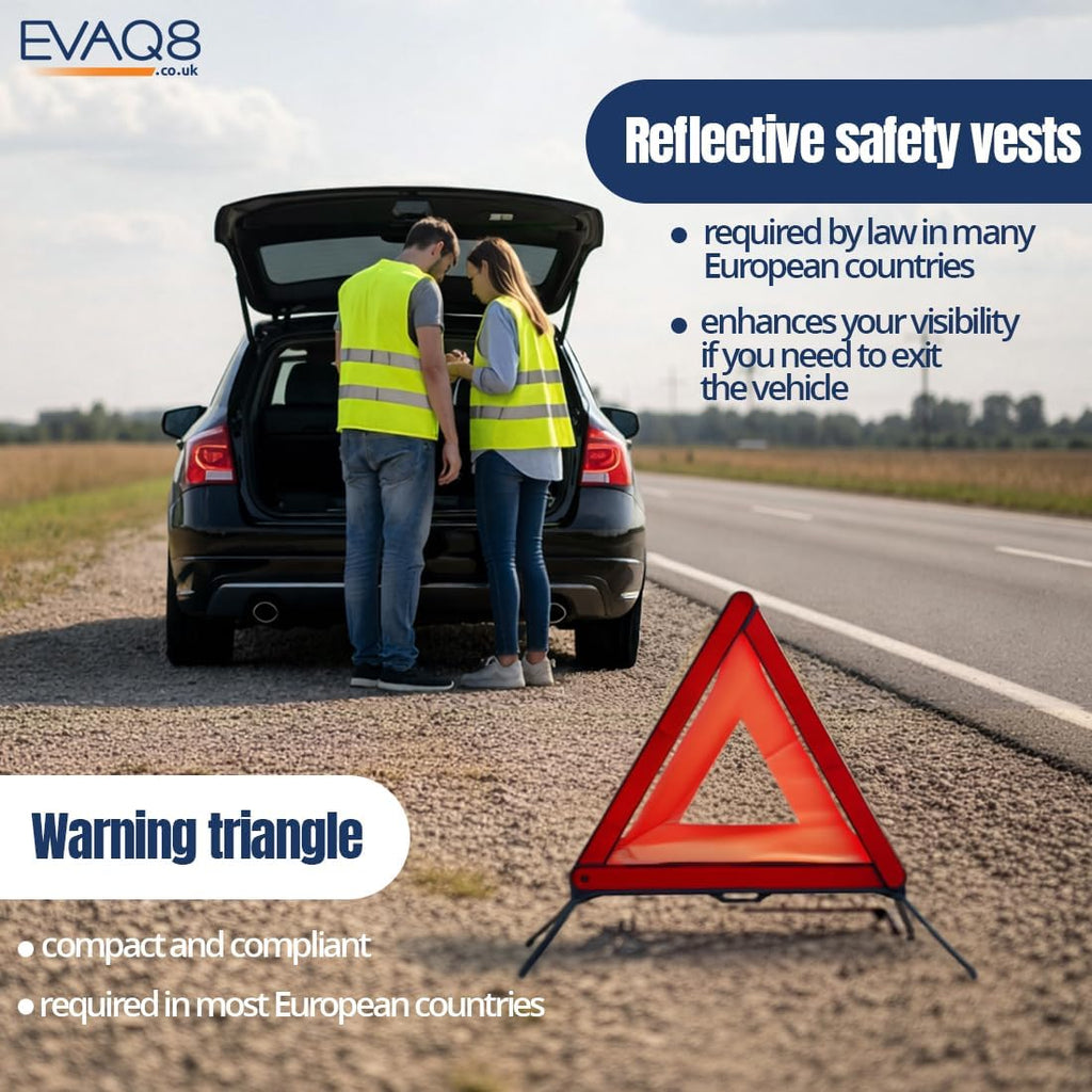 EVAQ8 Europe Travel Driving Kit 2026 Includes the Four Core Items UK Cars Must Carry When Travelling to France, Italy, Germany, Spain: UK Sticker, Warning Triangle, Vests, Headlamp Beam Converters