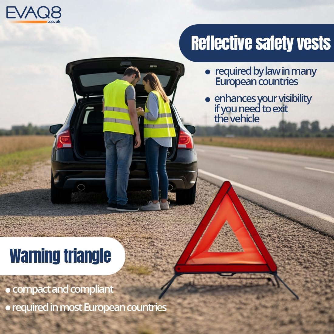 EVAQ8 Europe Travel Driving Kit 2026 Includes the Four Core Items UK Cars Must Carry When Travelling to France, Italy, Germany, Spain: UK Sticker, Warning Triangle, Vests, Headlamp Beam Converters