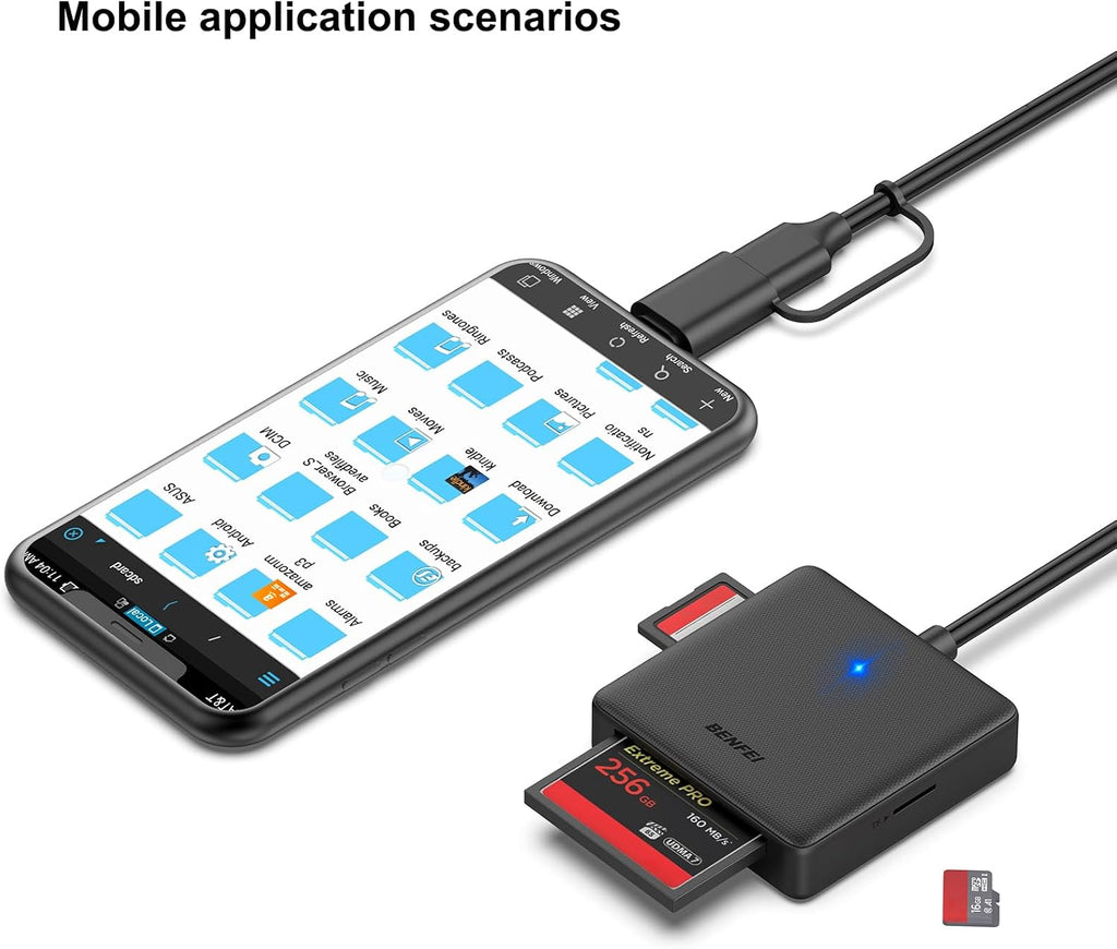 Memory Card Reader, BENFEI 4in1 USB 3.0 and USB-C to SD Micro SD MS CF Card Reader Adapter, 4 Cards Simultaneously Read and Write, Compatible with iPhone 15 series, MacBook Pro/Air 2023, and More