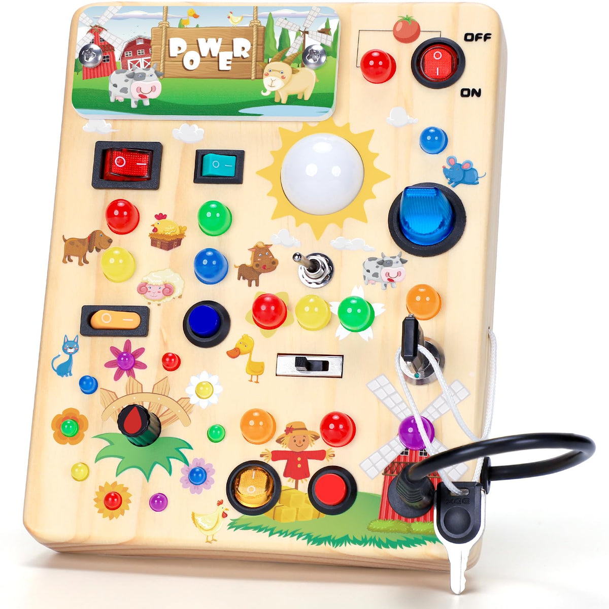 Busy Board with LED Light Switches, Montessori Toys for 1 2 3 Years Old, Toddlers Wooden Toy Sensory Activity Board, Travel Toys for 1+ Year Old Boy & Girl Birthday Gift