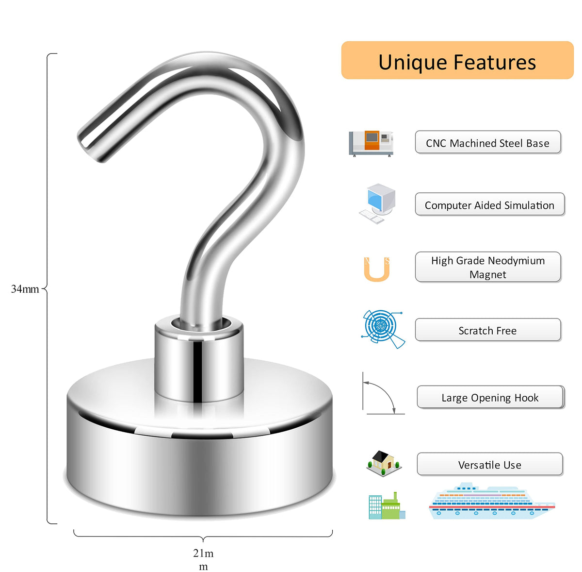 Neosmuk Magnetic Hooks,10kg+ Heavy Duty Cruise Hooks, Silver, 10 Pack