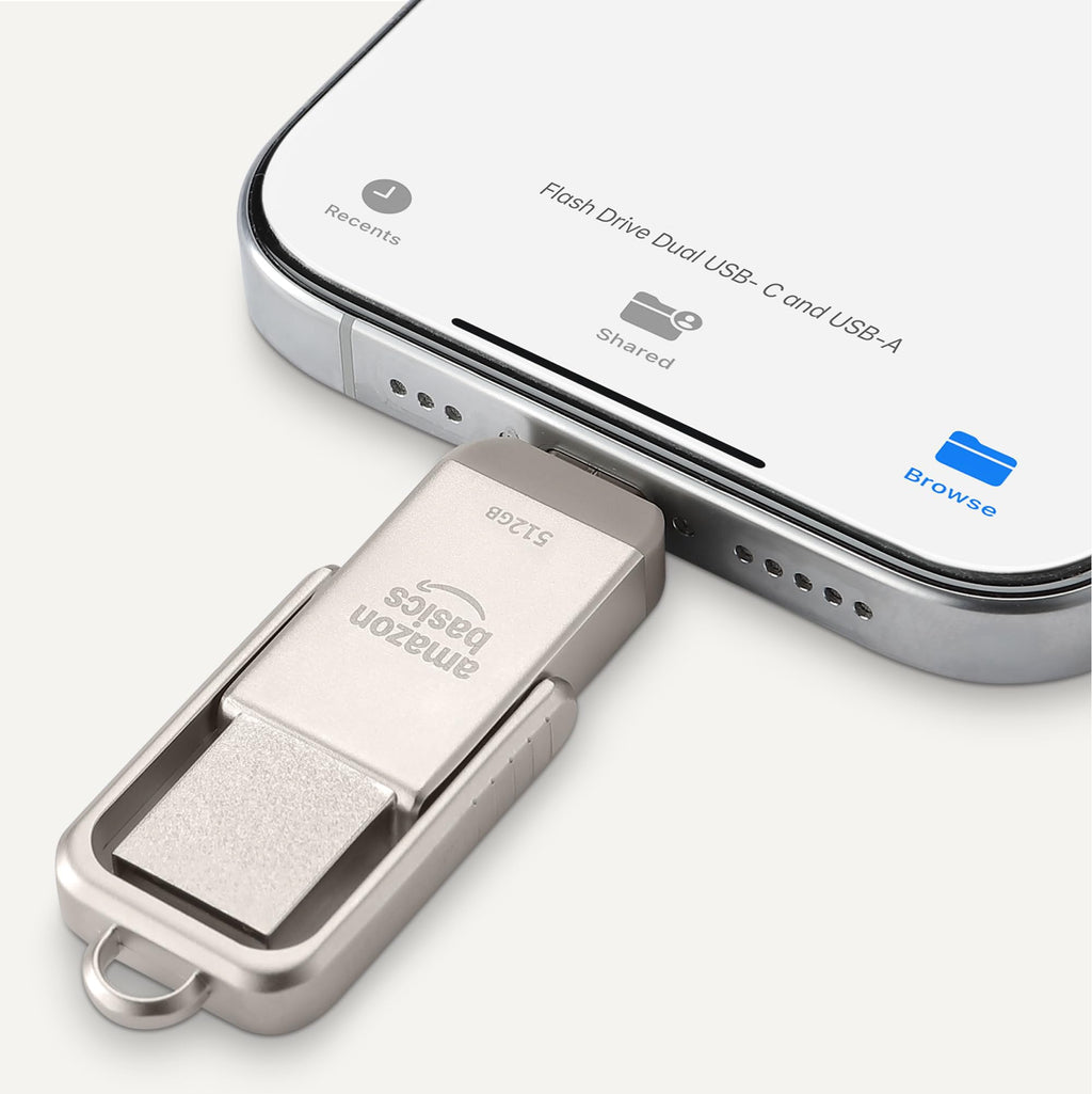 Amazon Basics USB Flash Drive, Thumb Drive Memory Stick with USB C and USB A Dual Ports, 128GB, Champagne Silver