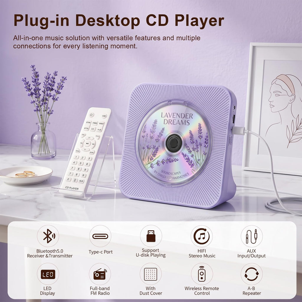 Portable CD Player with Bluetooth, Gueray Desktop CD Players for Home, Bulit-in Double HiFi Speakers, AUX&Headphone Jack, FM Radio Boombox with Remote Control, USB Port,LCD Display (White)
