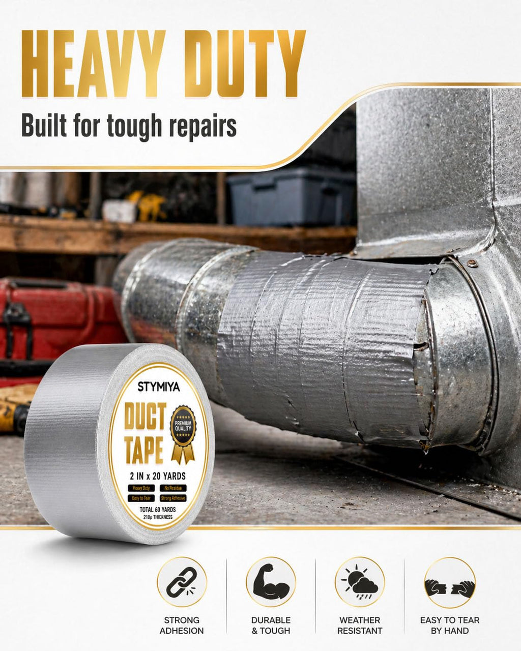 Black Duct Tape Heavy Duty: 3 Rolls 2inch x 20yd Wide Waterproof Outdoor - Strong Adhesive Weather Tapes Repair Bulk - Ductape for Patterns Masking Packing Furniture Kids Craft (3, Matte Black)