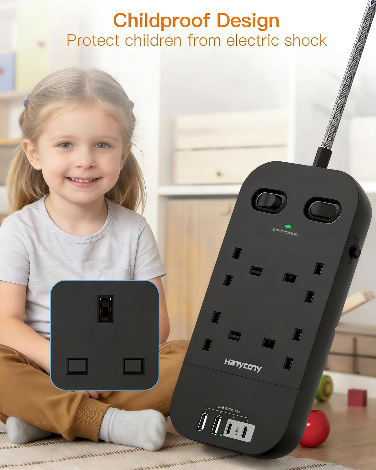 Extension Lead 5M, 4 Way Surge Protected Power Strip with USB C Slots