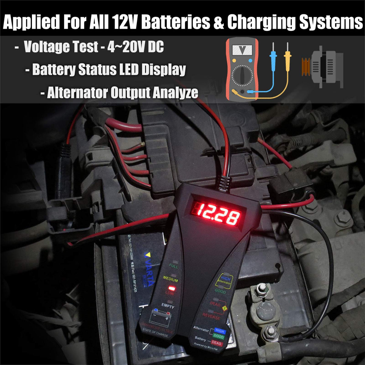 MOTOPOWER MP0514D 12V Digital Battery Tester Voltmeter and Alternator Charging System Analyzer with LCD Display and LED Indication, Orange Rubber Paint