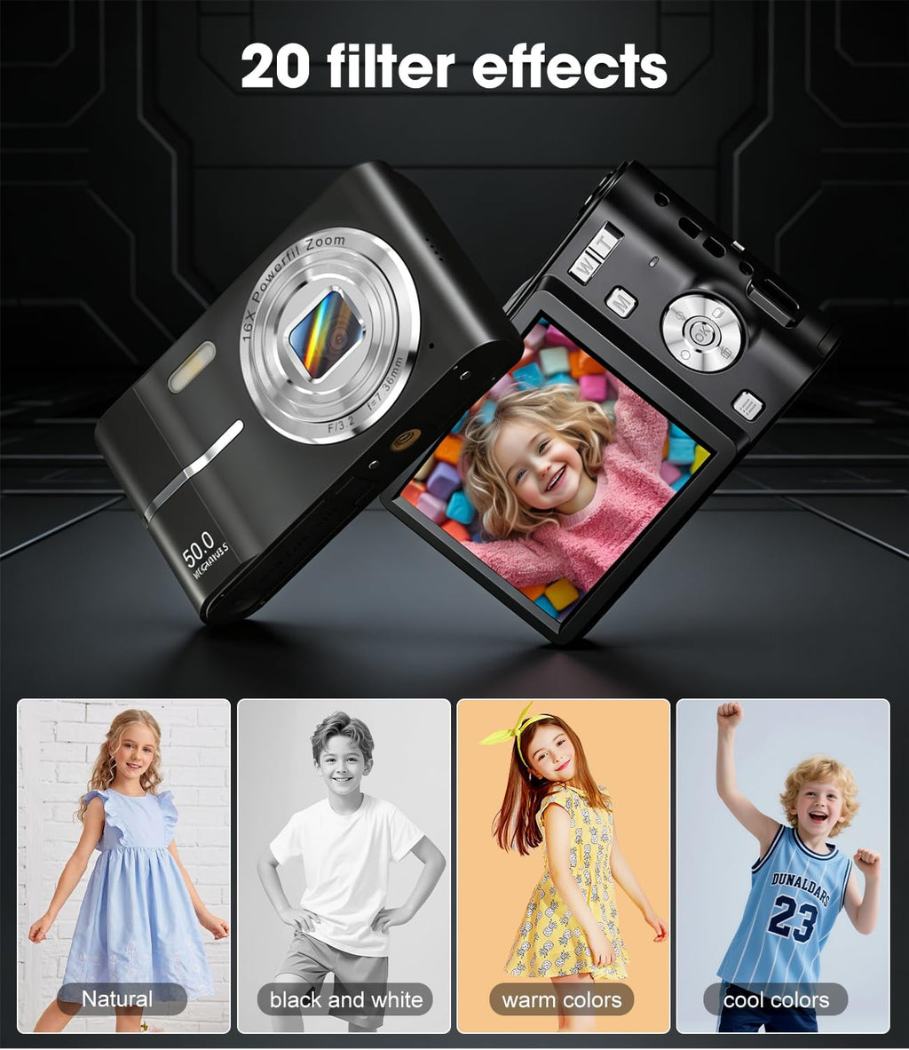 Digital Camera, 1080P FHD Vlogging Camera 50MP Compact Portable Photo Camera with 2.4" Screen, 16X Digital Zoom Mini Small Pocket Camera for Kids Students with 1 Battery, 16GB Card (Black)