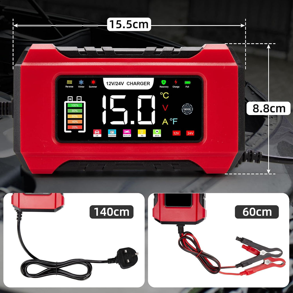 15-Amp Car Battery Charger 12V/24V, Aptliton Intelligent Car Battery Charger with 9-Stage Charging, LCD Display For Car, Truck, Motorbike, Boat - Compatible with Lead-Acid, AGM, EFB, LiFePO4 Batteries