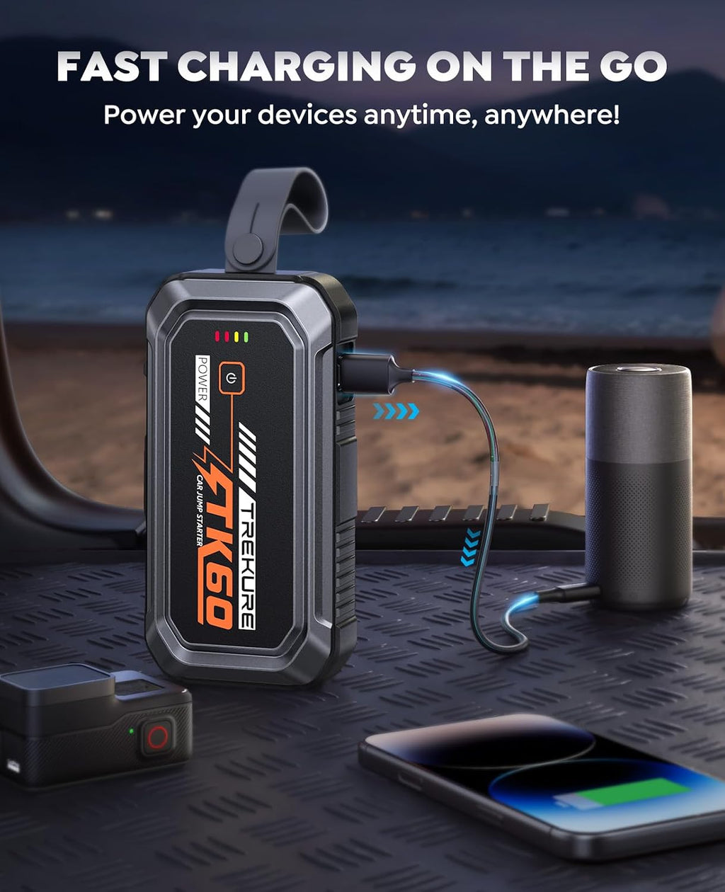 TREKURE 6000A Jump Starter Power Pack, 12V Car Battery Booster Jump Starter for up 9L Gas/6.5L Diesel Engine, Car Jump Starter with Magnetic LED Light, Car Jump Starter Power Bank with Jump Leads