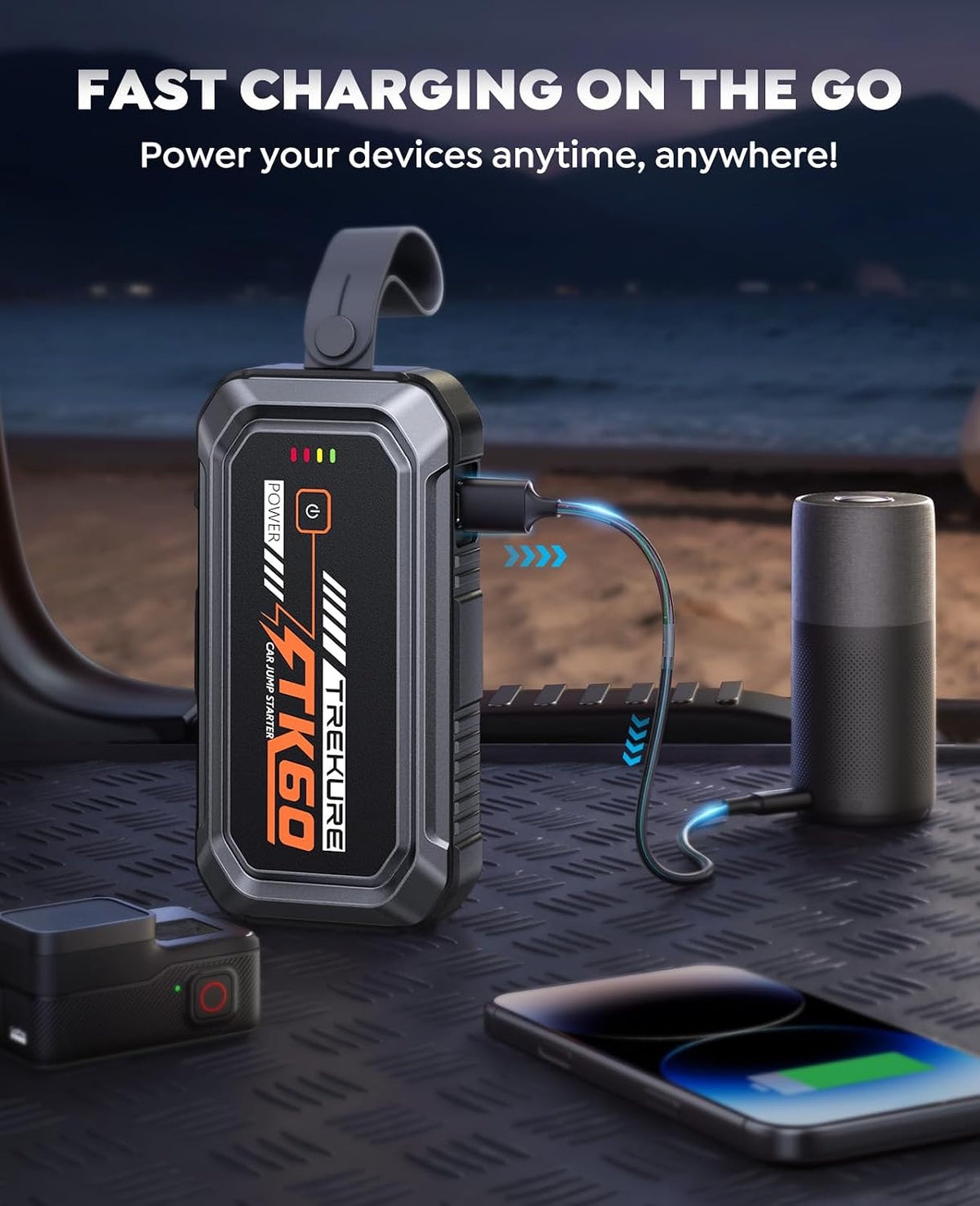TREKURE 6000A Jump Starter Power Pack, 12V Car Battery Booster Jump Starter for up 9L Gas/6.5L Diesel Engine, Car Jump Starter with Magnetic LED Light, Car Jump Starter Power Bank with Jump Leads