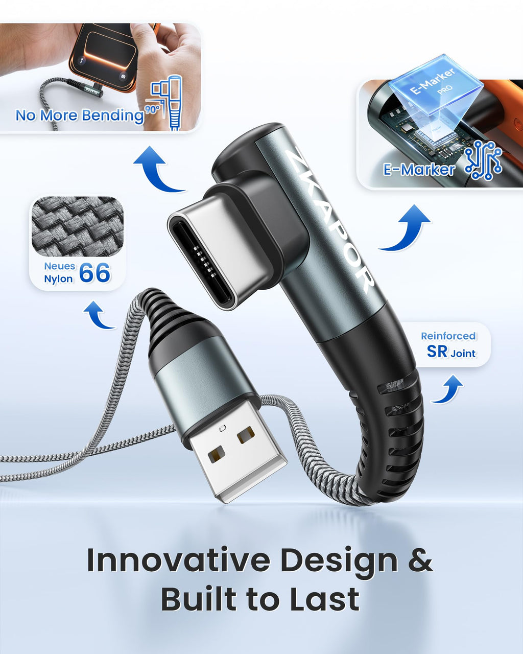ZKAPOR Short USB C Cable 30CM USB C Charger Cable Right Angle Fast Charging