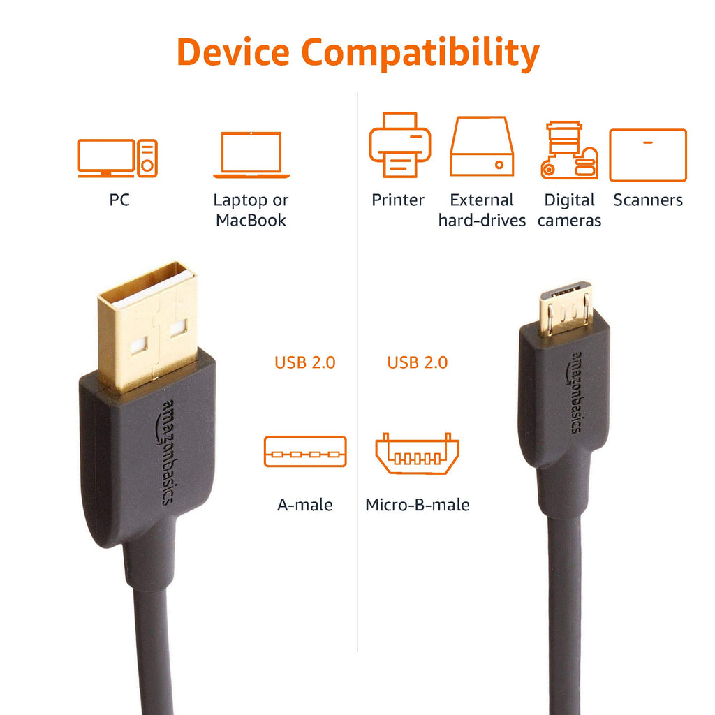 Amazon Basics 5-Pack Micro USB Cable, USB 2.0, 3 m, Black