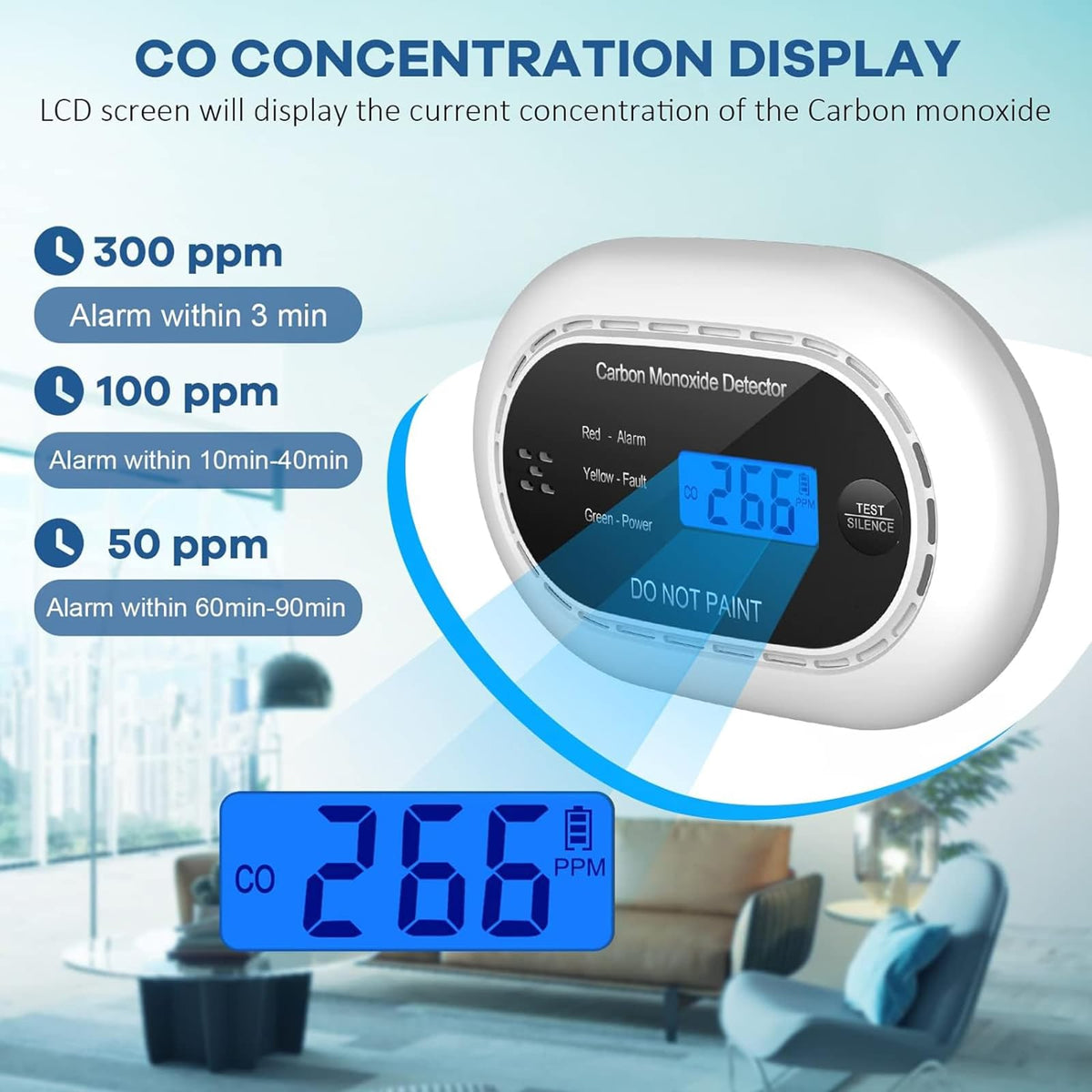 XINDUM Carbon Monoxide Detector 10-Year Battery LCD Display CE Black 1Pack