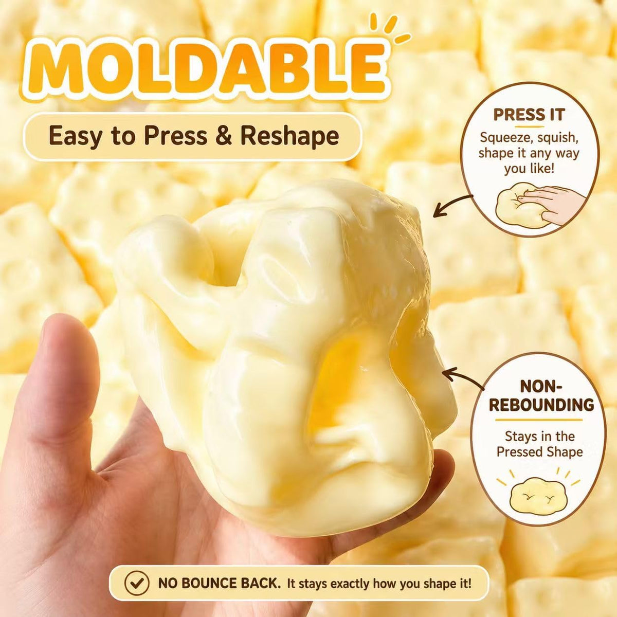 Cheese Squishy Toy – Coconut Oil Squishy Scentless Anti-Pop No Rebound Dough Texture Stress Relief Fidget Toy for Adults, Anxiety Relief Sensory Tool