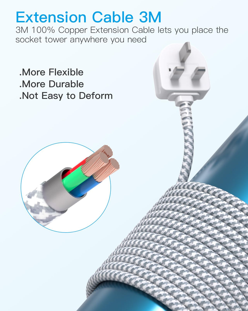 3M Tower Extension Lead with 2 USB C Slots, 8 Way Outlets Power Strip, 10Ft