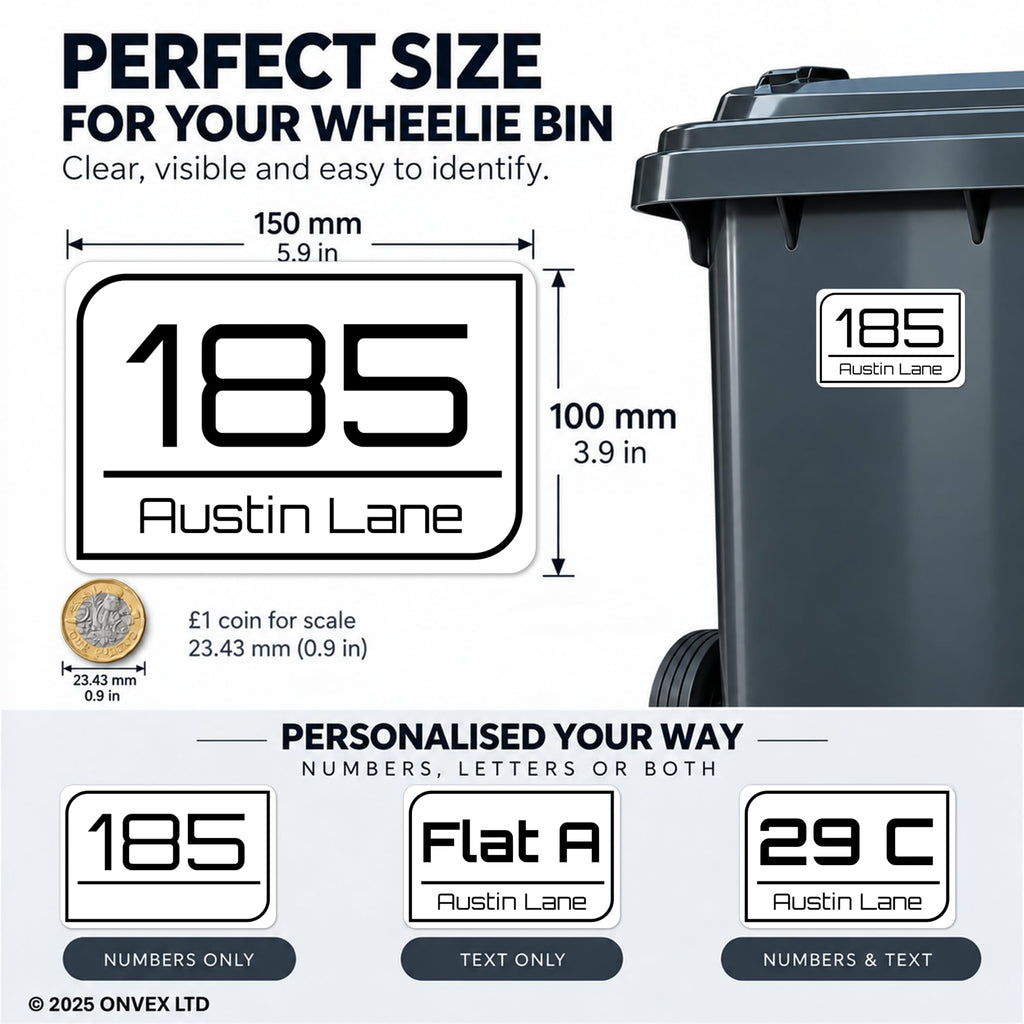 Set of 4 Personalised Wheelie Bin Stickers, Custom Bin Number Stickers with House Number and Street Name, Waterproof Labels for Rubbish and Recycling Bins, Easy Apply, 100 x 150mm (Style - Classic)