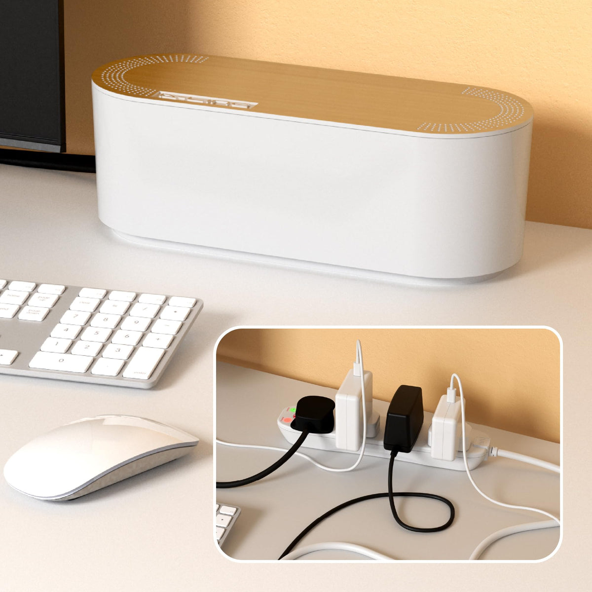D-Line Cable Tidy Box, Hide Extension Blocks, Desk Cable Management, Organise TV Cables - 415mm (L) x 165mm (W) x 135mm (H) - Large, White