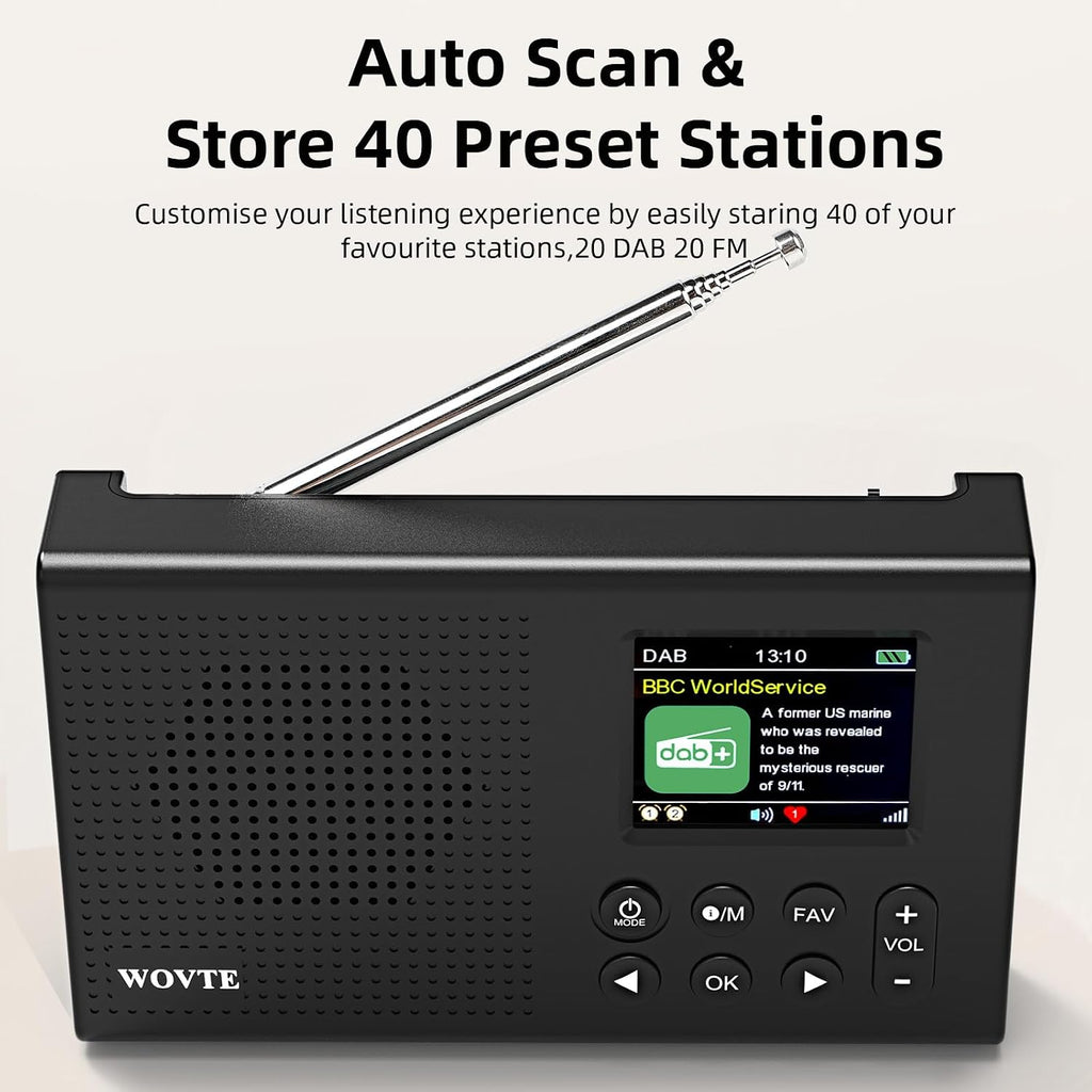 WOVTE Portable DAB/DAB+/FM Digital Colour Display Radio