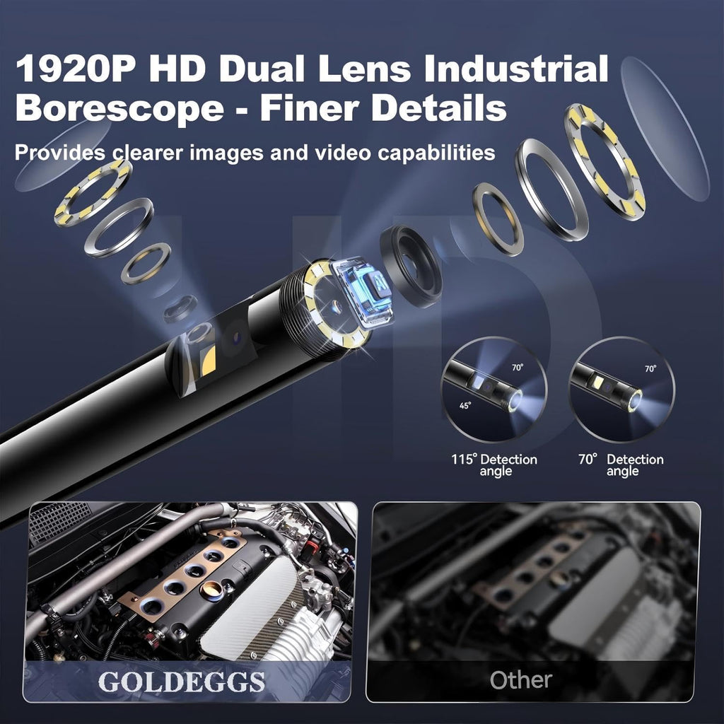 Endoscope Inspection Camera with Lights, 1920P HD Flexible Borescope Lens, 16.5ft Semi-Rigid Snake Cameras,IP67 Tube Sink Pipe Drain Overhaul, for Android, iPhone, iPad, Tools