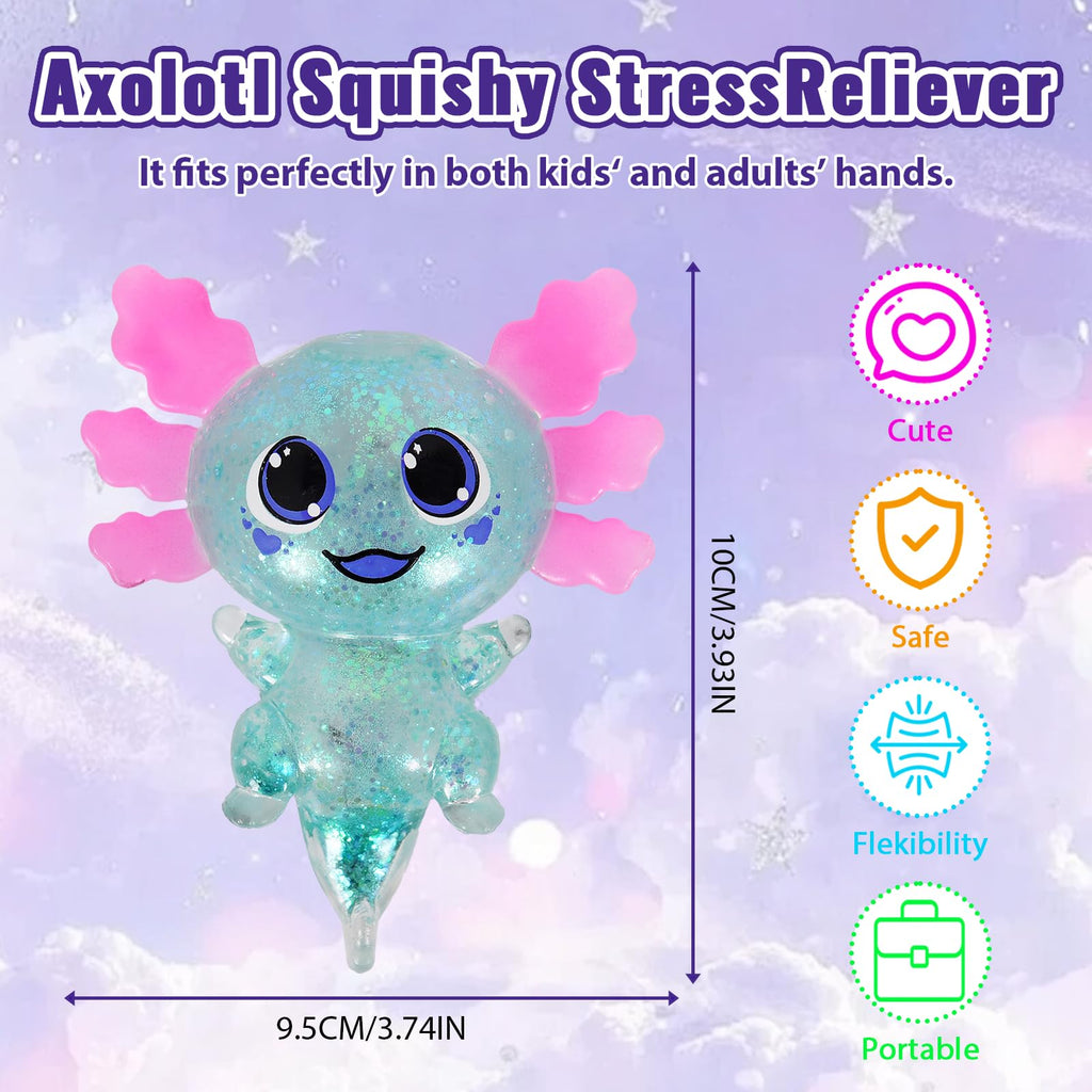 Axolotl Squishy Stress Relief Toy Glitter Fidget Toys Cute Malt Sugar Axolotl Toy Fidget Toys for Kids Youth Adult, Party Favors Anxiety Relief Squishy Toys(Blue)