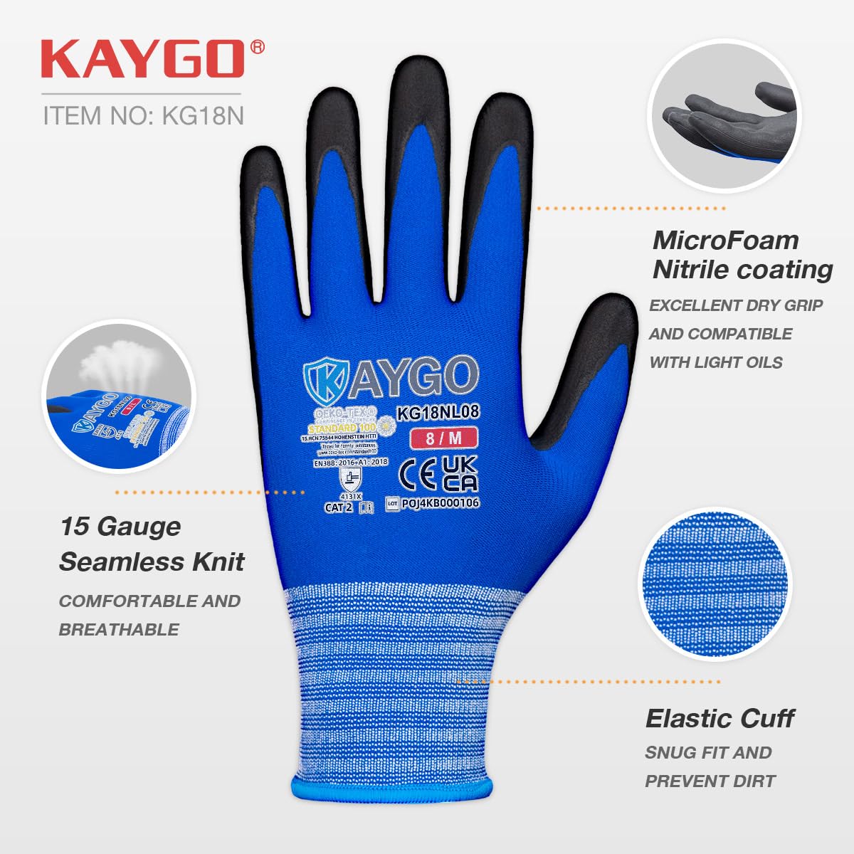 KAYGO Safety Work Gloves MicroFoam Nitrile Coated 12 Pairs, KG18NH