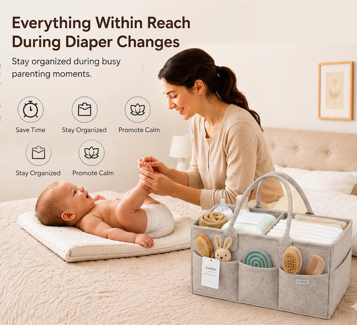Essential Baby Caddy for Newborns. Spacious, Sturdy & Portable Diaper and Nappy Caddy for Newborn Essentials, Nursery Storage Basket & Organiser for Baby Shower Gifts & Registry Must-Haves Grey