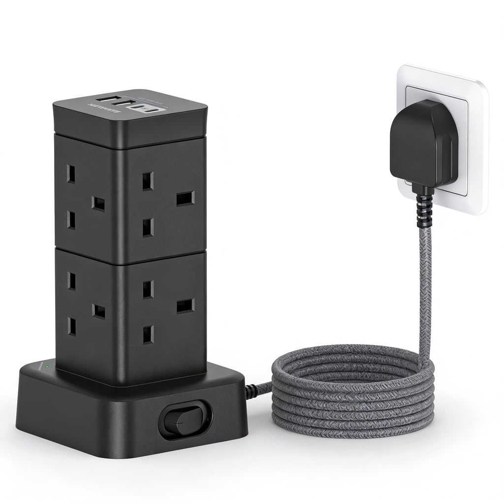 3M Tower Extension Lead with 2 USB C Slots, 8 Way Outlets Power Strip, 10Ft