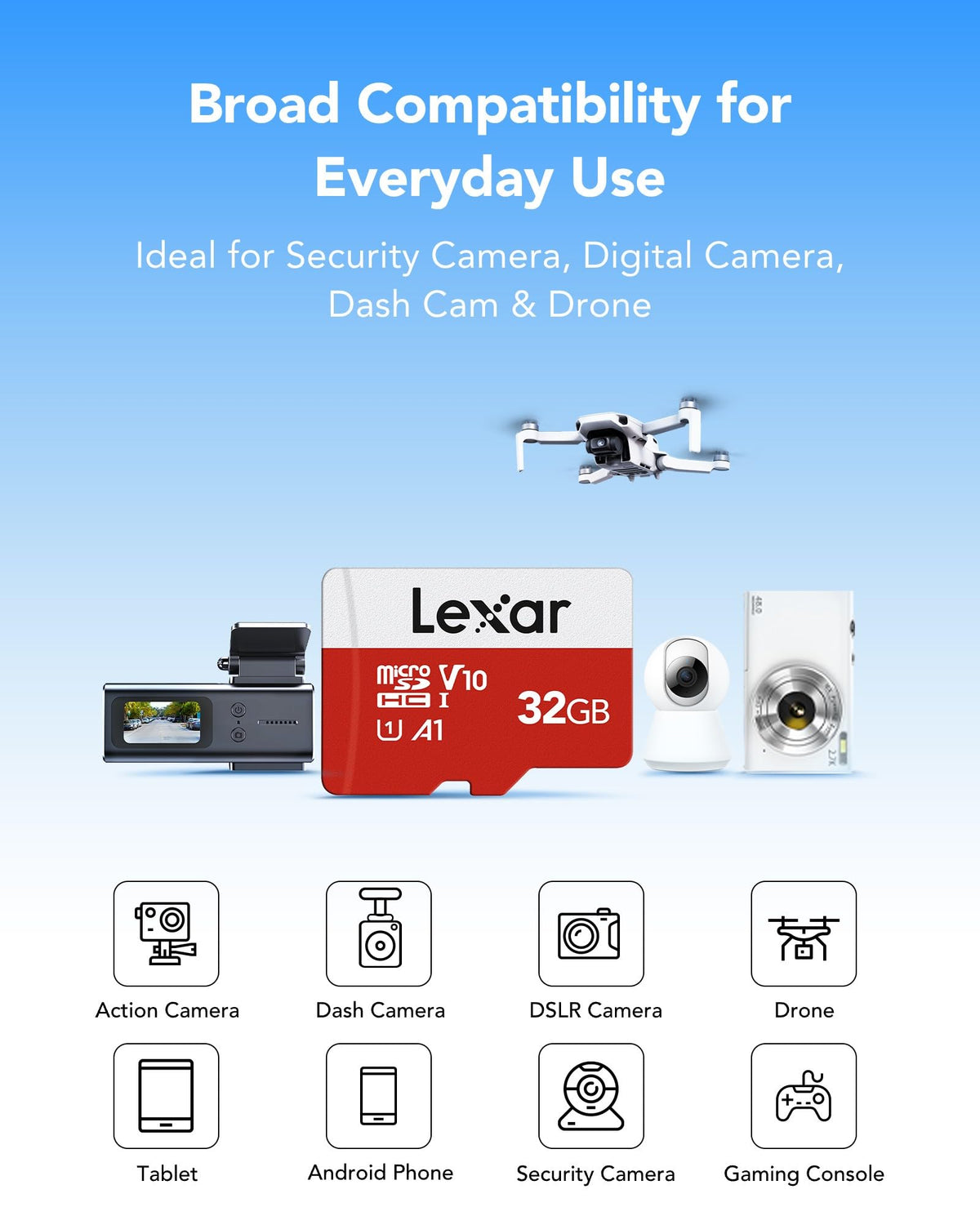 Lexar 32GB Micro SD Card E Series, microSDHC UHS-I Flash Memory Card with Adapter - Up to 100MB/s, A1, U1, Class10, V10, High Speed TF Card