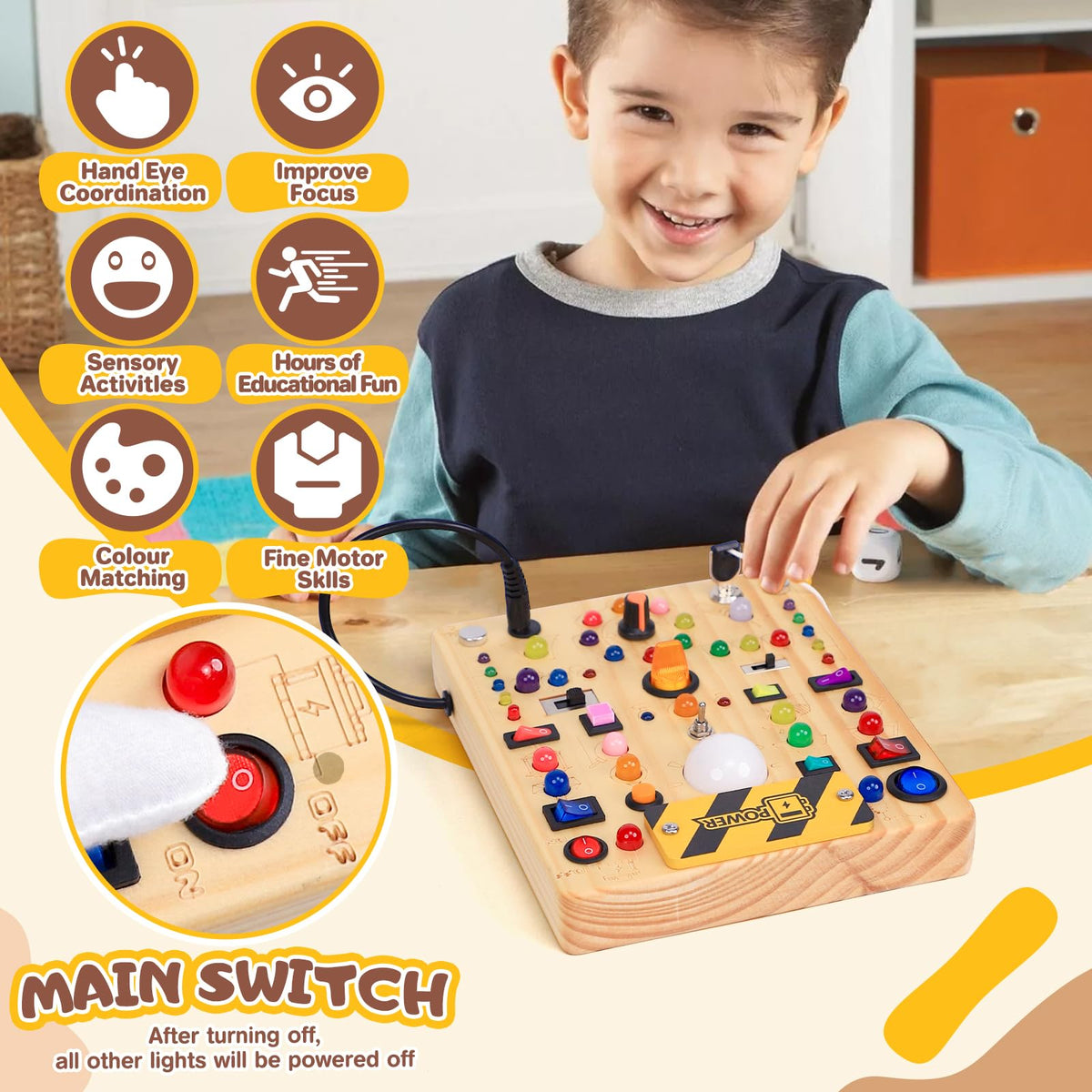Busy Board with LED Light Switches, Montessori Toys for 1 2 3 Years Old, Toddlers Wooden Toy Sensory Activity Board, Travel Toys for 1+ Year Old Boy & Girl Birthday Gift