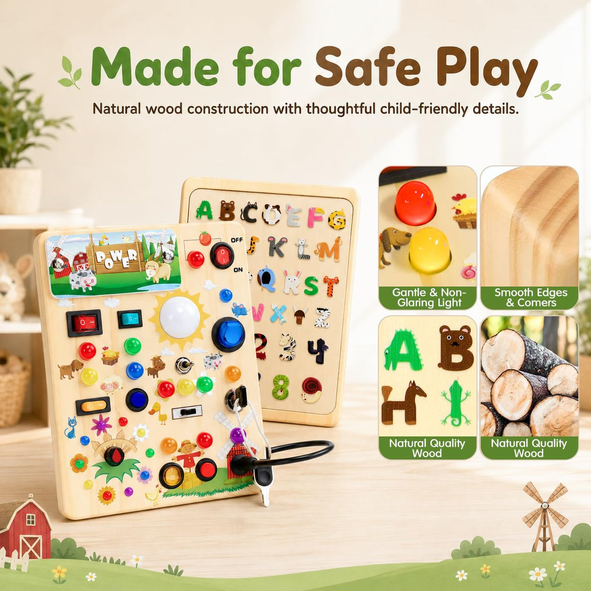 Busy Board with LED Light Switches, Montessori Toys for 1 2 3 Years Old, Toddlers Wooden Toy Sensory Activity Board, Travel Toys for 1+ Year Old Boy & Girl Birthday Gift