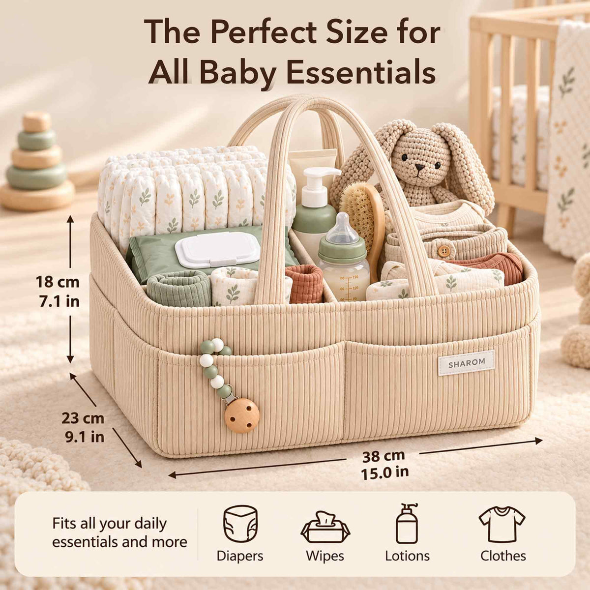 Essential Baby Caddy for Newborns. Spacious, Sturdy & Portable Diaper and Nappy Caddy for Newborn Essentials, Nursery Storage Basket & Organiser for Baby Shower Gifts & Registry Must-Haves Grey
