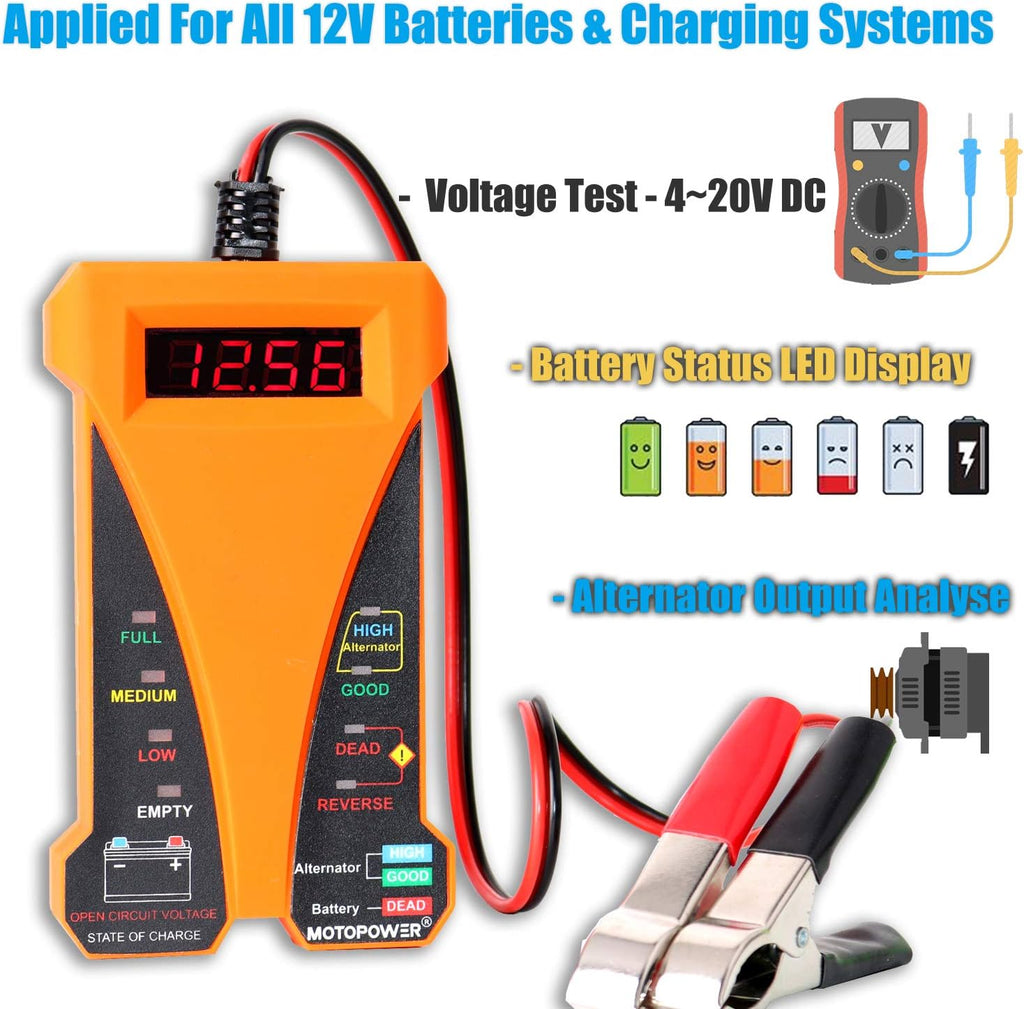 MOTOPOWER MP0514D 12V Digital Battery Tester Voltmeter and Alternator Charging System Analyzer with LCD Display and LED Indication, Orange Rubber Paint