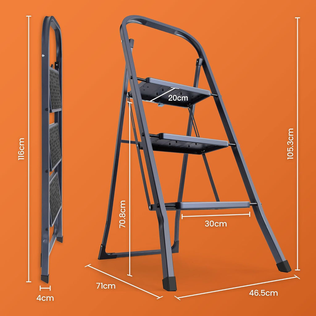 VonHaus 3 Step Ladder – Premium Quality Folding Step Ladder for DIY and Gardening - Anti Slip Feet, Easy to Store Ladder, 150KG Max Capacity - Durable Steel