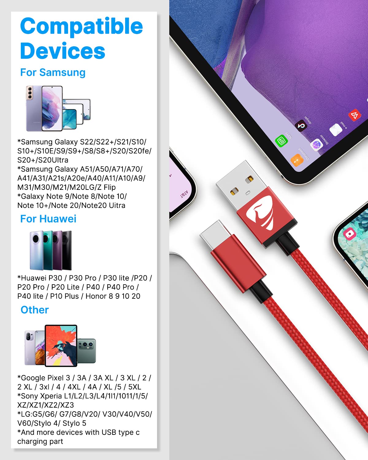 USB C Charger Cable 3M 2Pack Type C Charger Fast Charging 3A Lead Braided for Samsung Galaxy S23 S22 S21 S20 S10 S9 S8 A12 A13 A20e A21s A53 A70,Google Pixel 7 6,Huawei P30 P40,Sony Xperia,Switch,PS5
