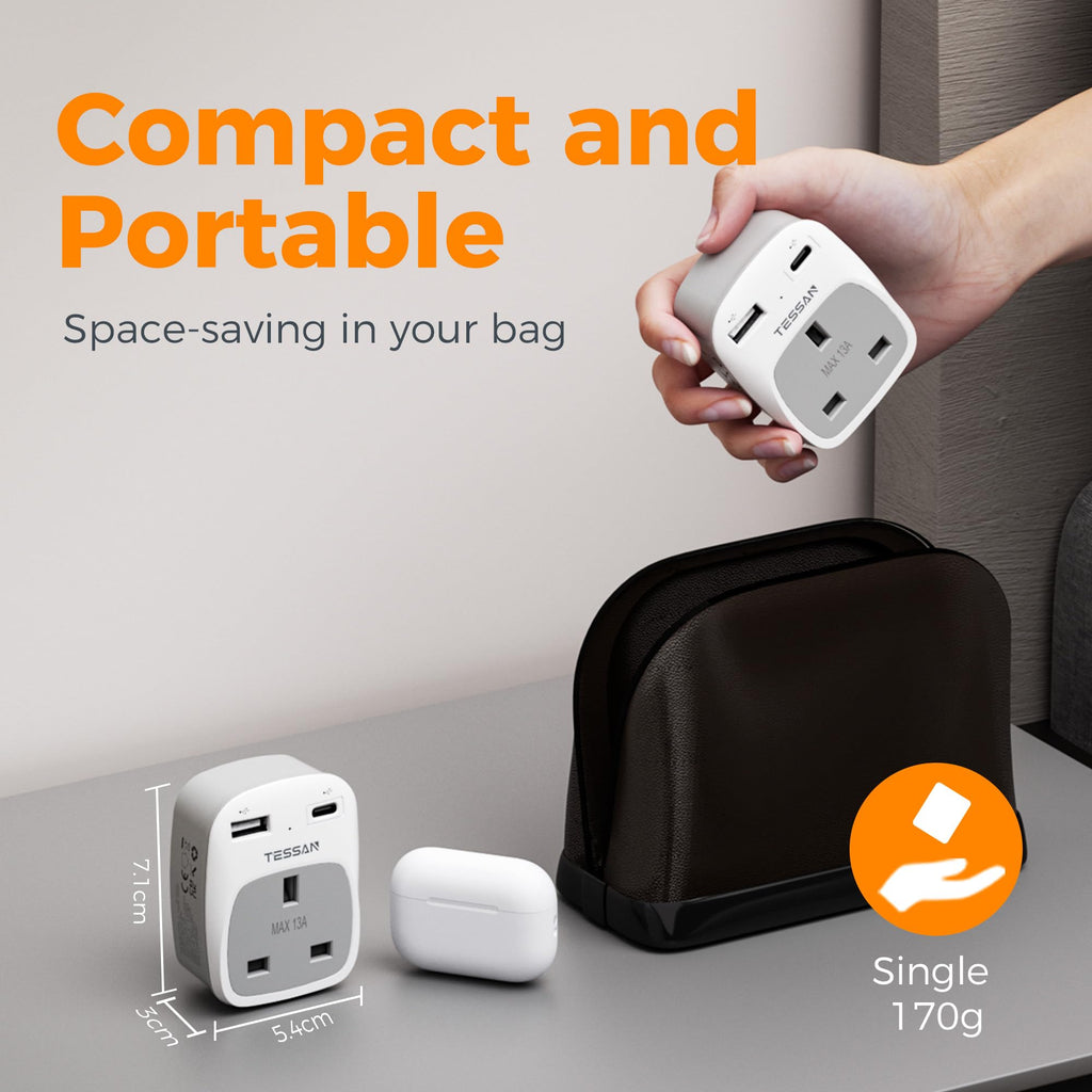 TESSAN UK to South Africa Plug Adapter, Type M Travel Adapter with USB C
