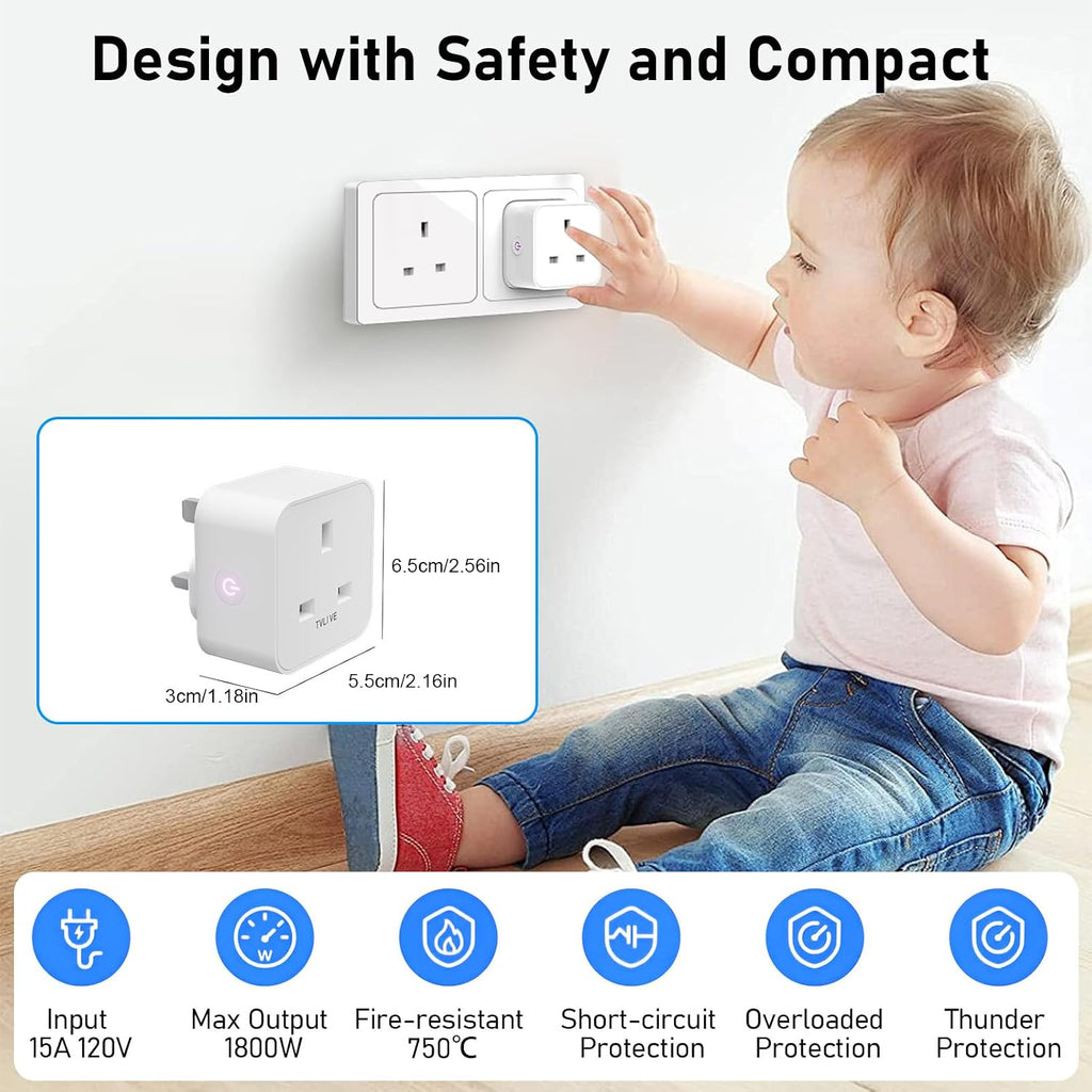 Smart Plug, TVLIVE 4 Pack Smart Plugs Work that with Alexa (Echo/Echo Dot), Google Home Voice Control, Energy Monitoring, Remote Control, Timer & Schedule Function, Device Sharing, Wifi Plug Socket UK