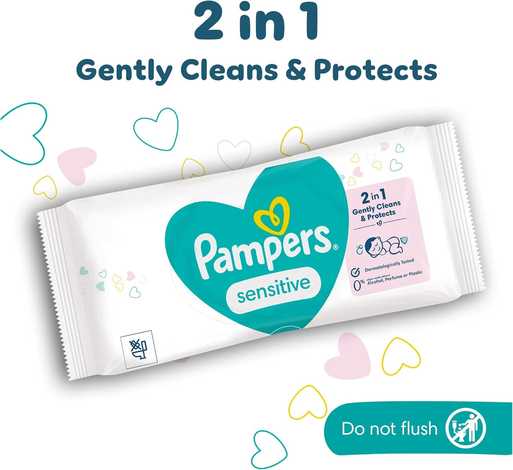 Pampers Sensitive Baby Wipes 24 Packs of 52 Wipes = 1248 Baby Wet Wipes, 2 in 1 Gently Cleans & Protects, 0% plastic in wipes