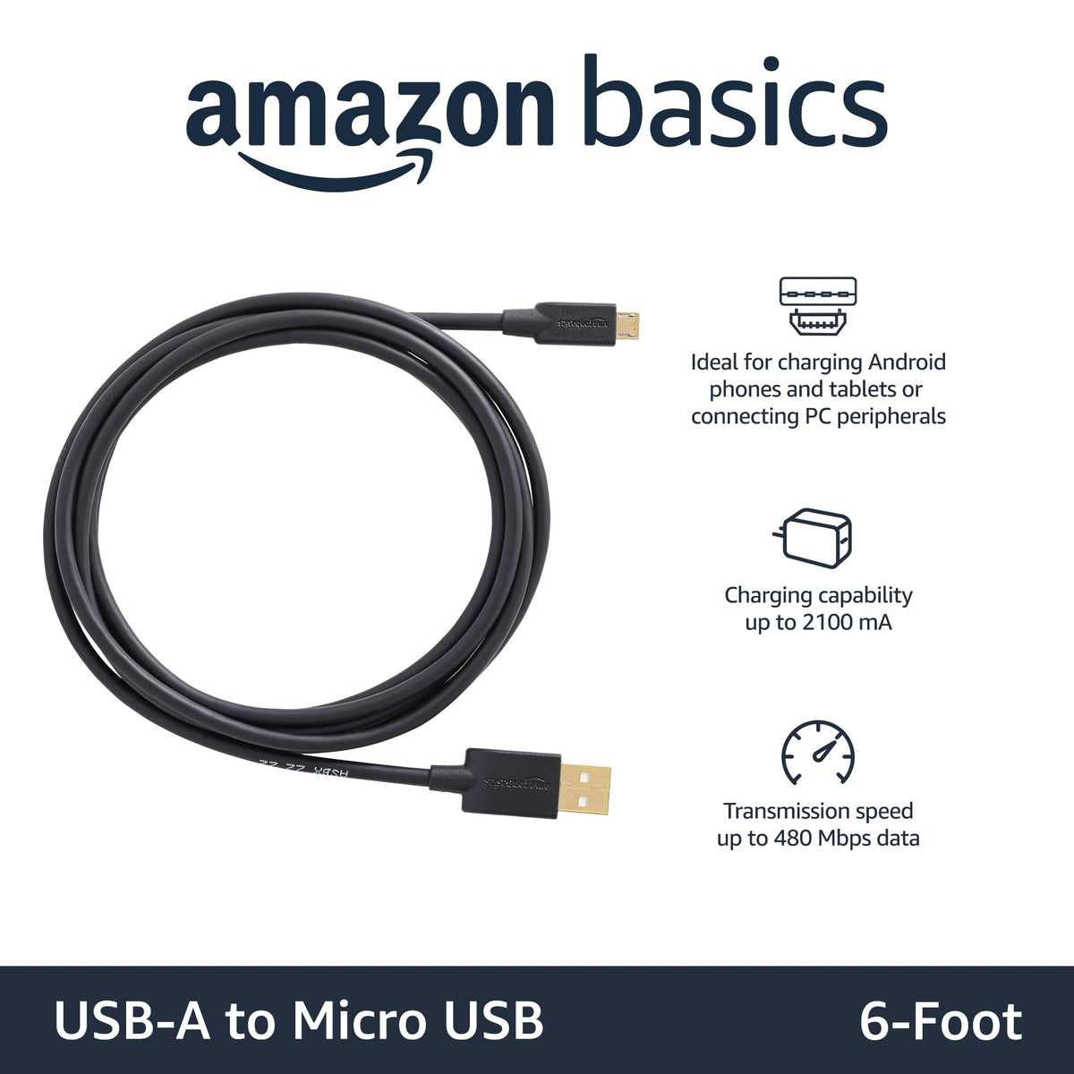 Amazon Basics 5-Pack Micro USB Cable, USB 2.0, 3 m, Black