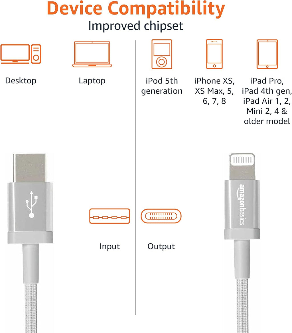 Amazon Basics USB to Lightning Cable, Nylon Braided Charger for iPhone 14 13 12 11 X iPad, 0.9 m, Silver