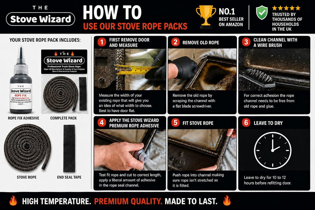 Stove Rope Kit 10mm x 2.5m Black 50ml Glue 100mm Tape